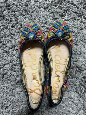 Sam Edelman Multicolor Embroidered Ballet Flats with Black Trim